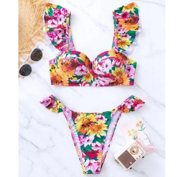 Multicolor Floral Womens Print Ruffle Trim Push Up Bikini Swimsuit - Picture 8 of 8